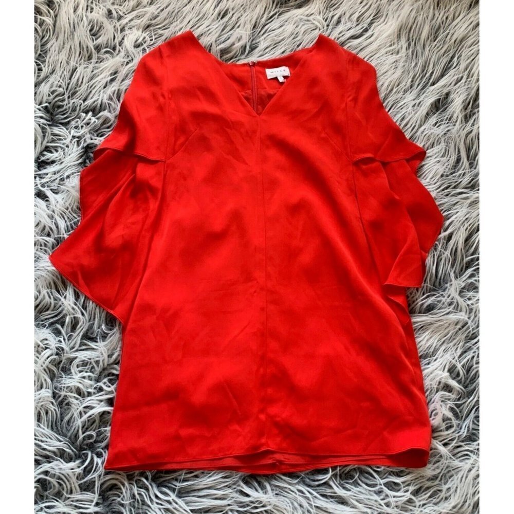 Milly Designer Dress Made in USA S‎ Red Silk Blend Stretch V-Neck Flutter Sleeve